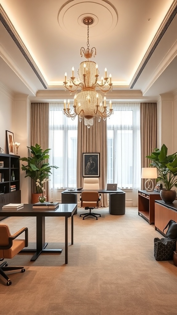 A luxurious home office featuring a chandelier, large windows, and stylish furniture.