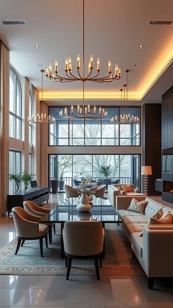 Open concept living and dining room with elegant lighting fixtures and large windows