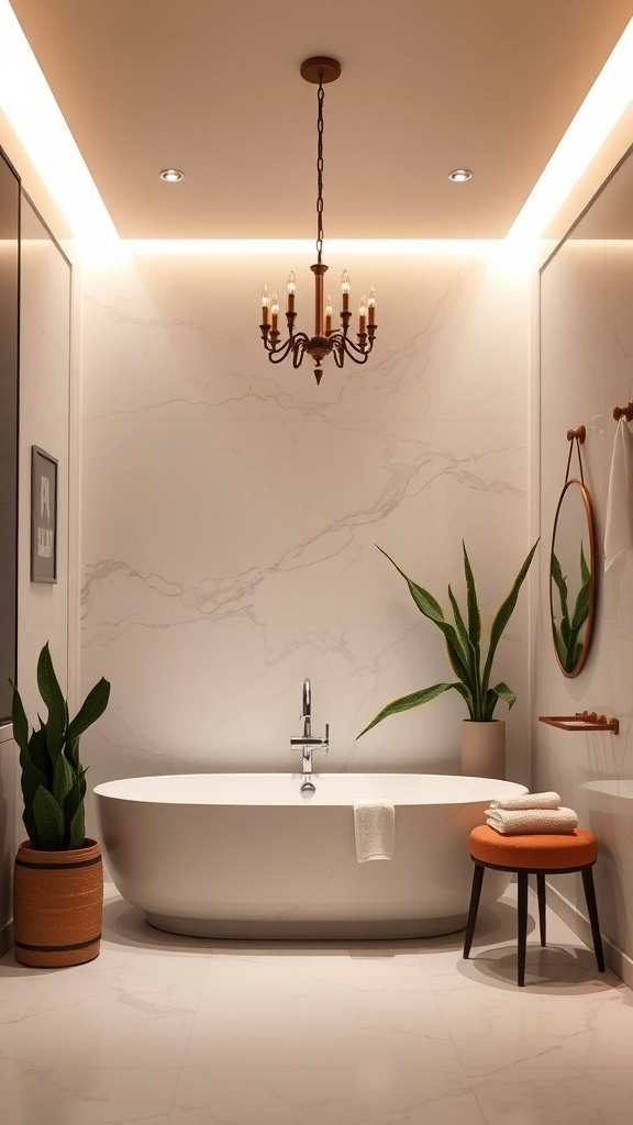 A modern bathroom featuring a chandelier and recessed lighting, with a freestanding bathtub and plants.
