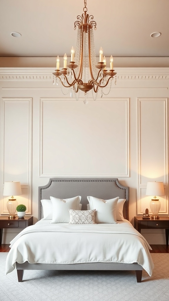 A stylish bedroom featuring a chandelier and elegant bedside lamps.
