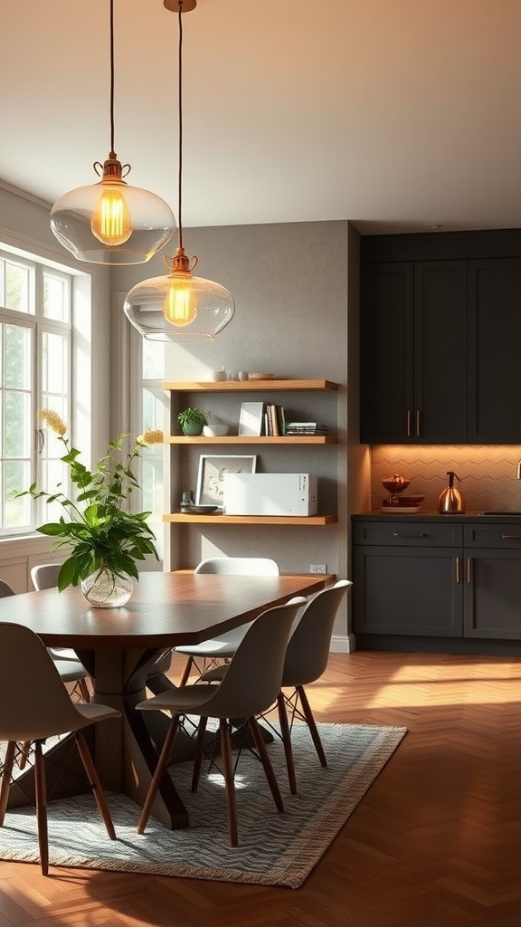 A stylish dining area featuring a wooden table, modern chairs, and elegant pendant lighting.