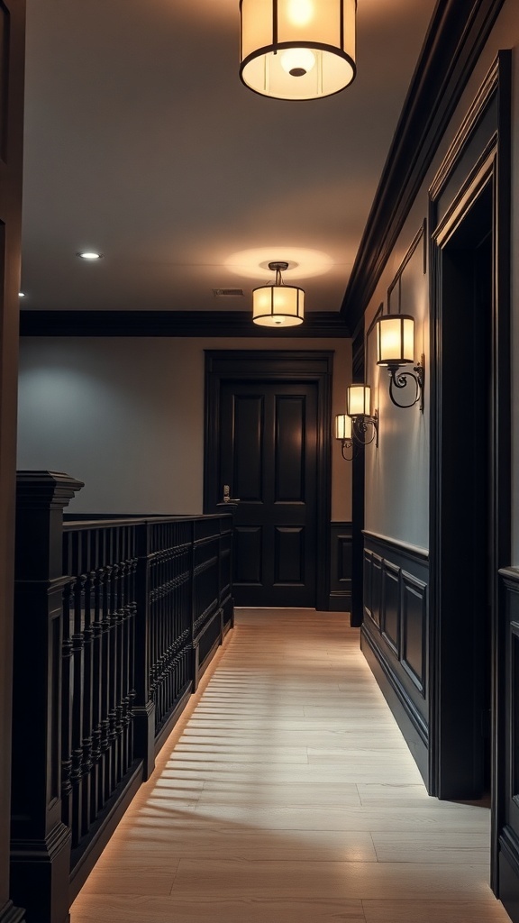 A stylish corridor with black banister and elegant lighting fixtures.