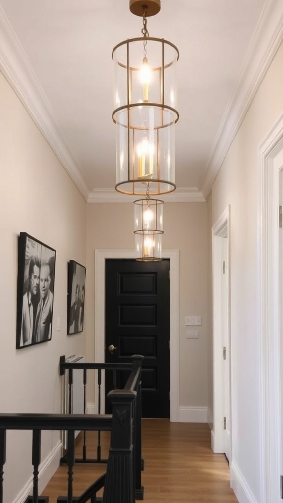 A well-lit hallway featuring black lantern-style light fixtures and a black banister.