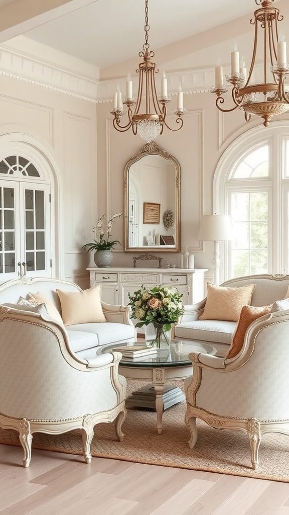 A stylish living room featuring soft neutral colors, vintage furniture, and elegant decor.