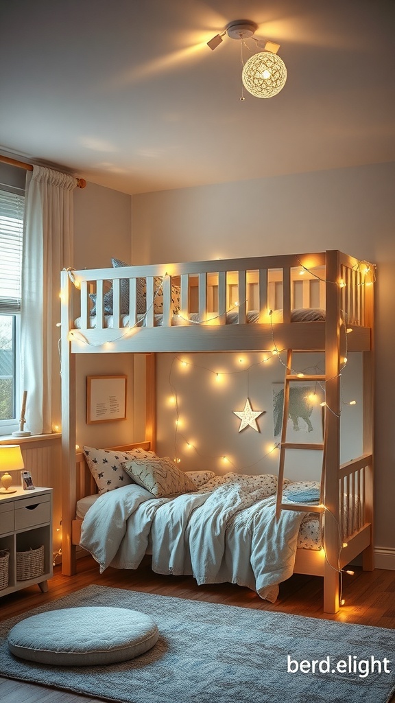 A cozy kids bedroom featuring a loft bed with fairy lights, soft bedding, and a warm atmosphere.