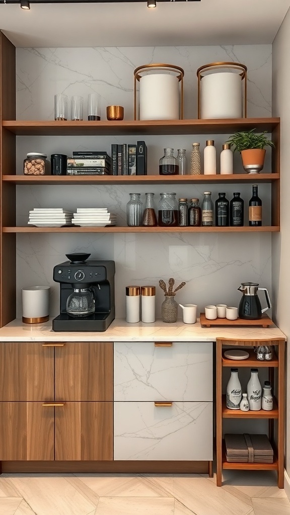 A stylish coffee counter featuring a marble top, wooden cabinets, and decorative shelves.