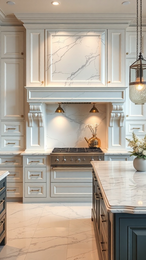A modern kitchen featuring elegant marble countertops and backsplash with wooden cabinets.