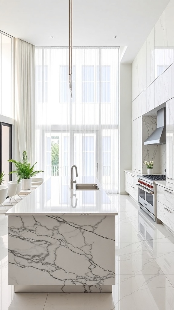 Modern kitchen featuring elegant marble countertops and backsplashes with a large island and natural light.