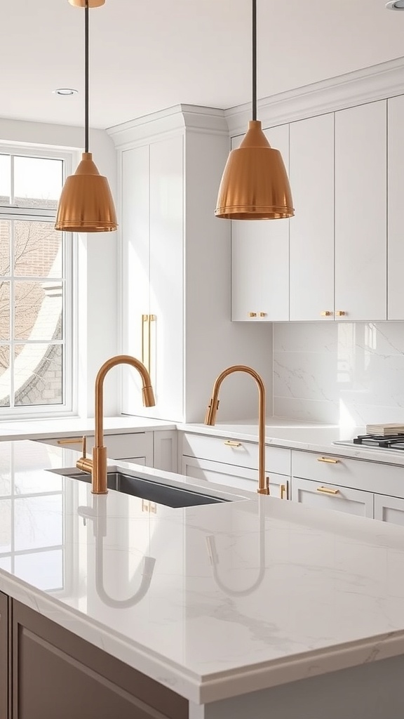 Modern pink kitchen interior featuring elegant marble countertops