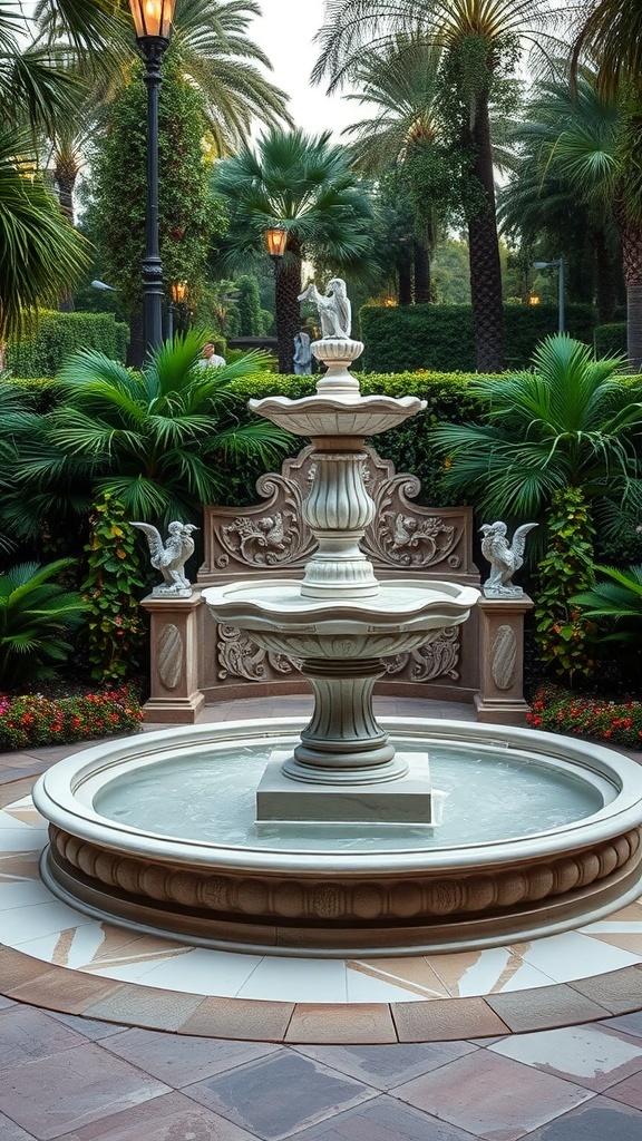 A beautiful marble fountain surrounded by palm trees and lush greenery.