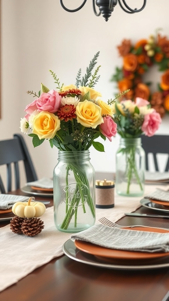 Mason jar centerpieces with flowers on a dining table