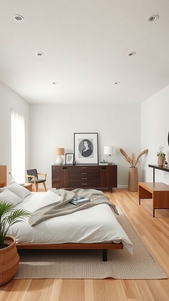 A minimalist bedroom featuring a low-profile bed, wooden furniture, and soft lighting.