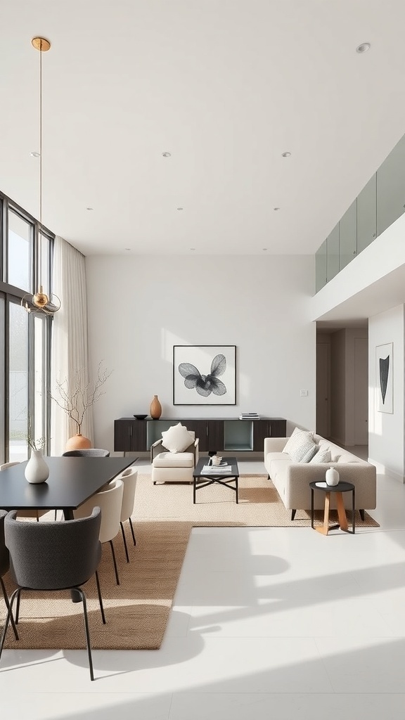 A minimalistic open concept living and dining room with large windows, neutral colors, and stylish furniture.