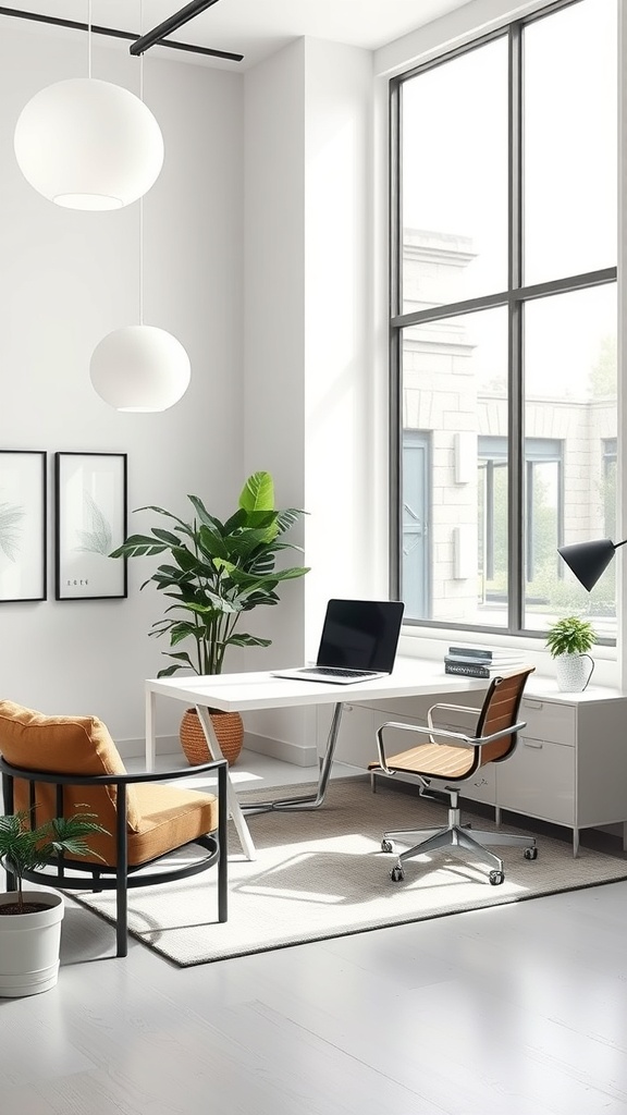 A modern home office featuring large windows, minimalistic furniture, and plants.