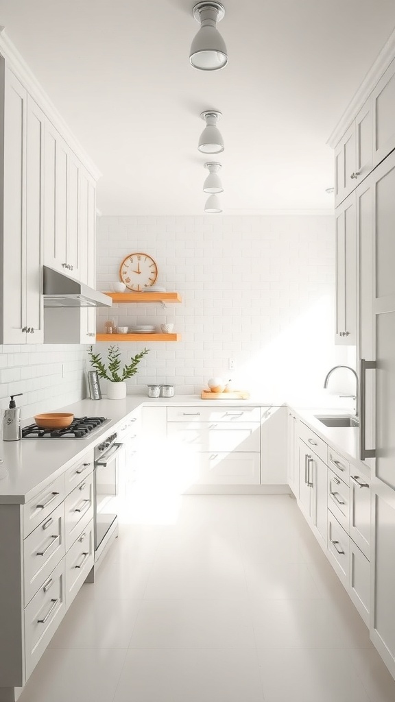 A bright and minimalistic white kitchen with white cabinets and simple decor.