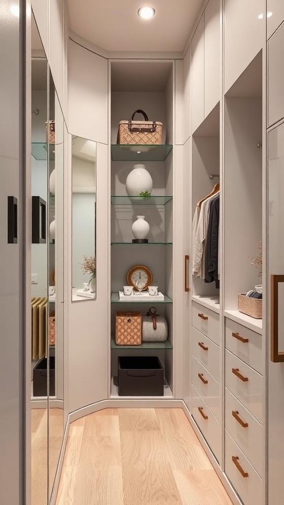 A modern walk-in closet featuring mirror accents, organized shelves, and stylish storage.