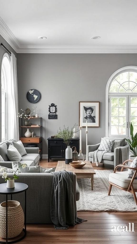 A stylish living room featuring a monochrome color palette with various textures.