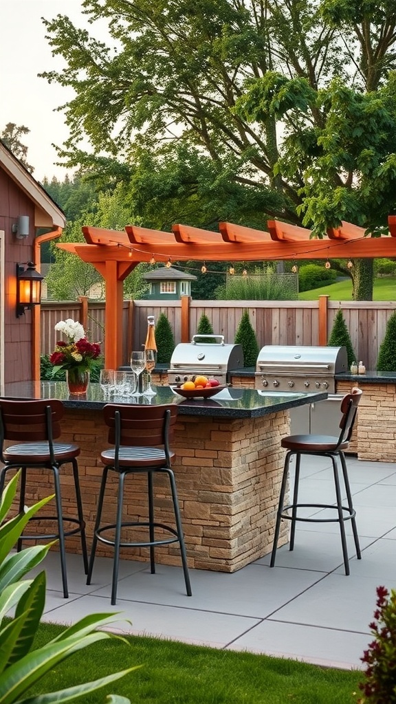 An elegant outdoor bar setup with a stone counter, bar stools, and grills under a pergola.