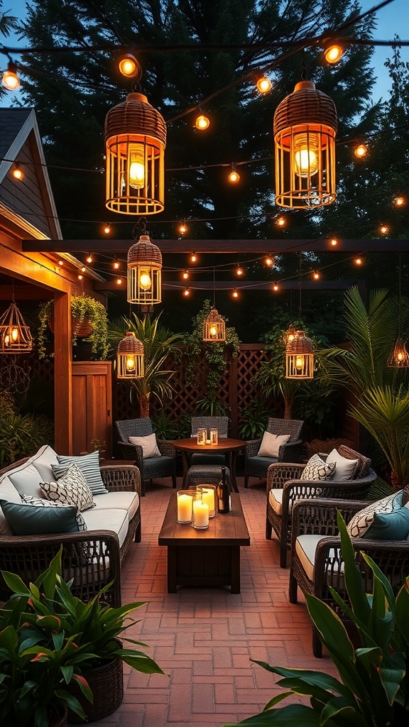 Cozy patio with string lights and lanterns for outdoor lighting.