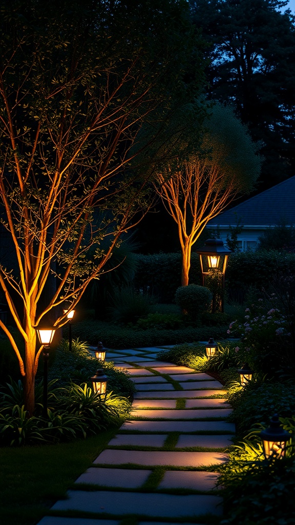 A beautifully lit garden pathway with lanterns and illuminated trees at night.