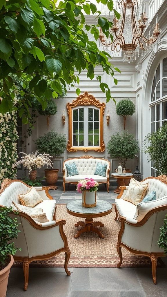 An elegant outdoor seating area featuring Rococo-style furniture, lush greenery, and a chandelier.