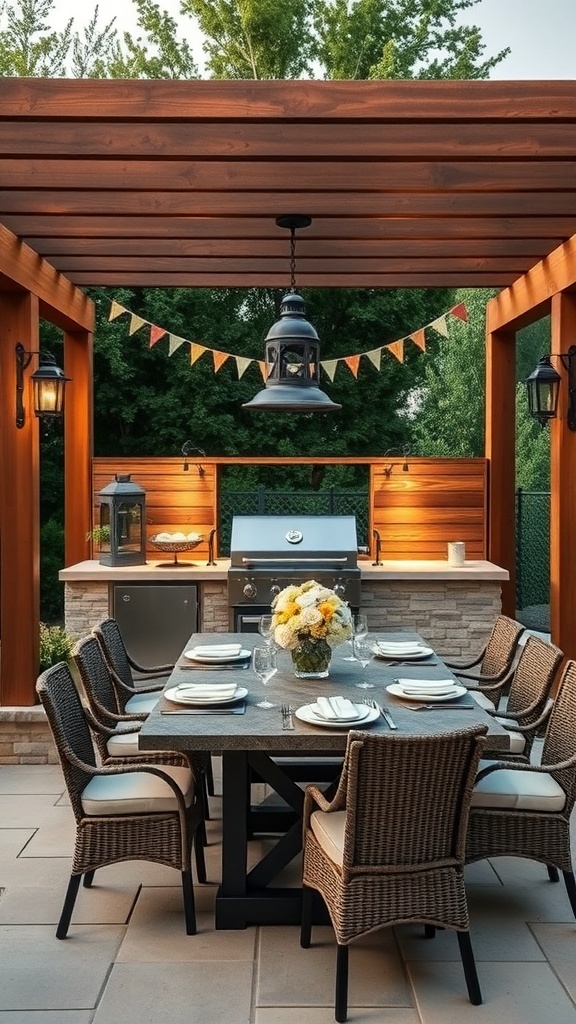 Outdoor dining area with a wooden pergola, elegant table setting, and outdoor kitchen.