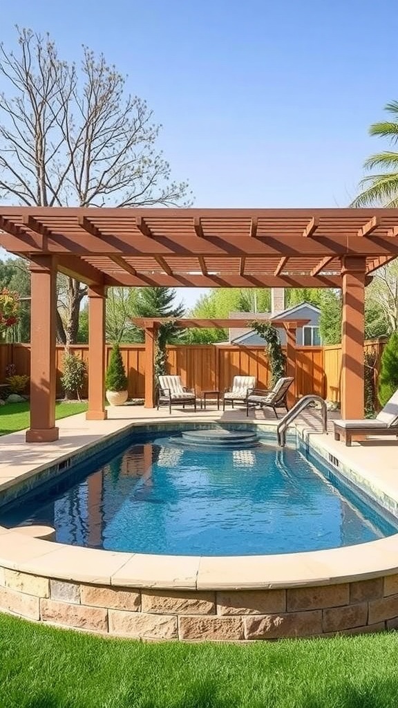 A sunken above ground pool with a wooden pergola providing shade, surrounded by green grass and seating.