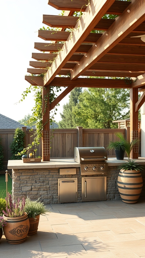 A stylish outdoor grill area featuring a wooden pergola overhead, stone countertops, and potted plants.