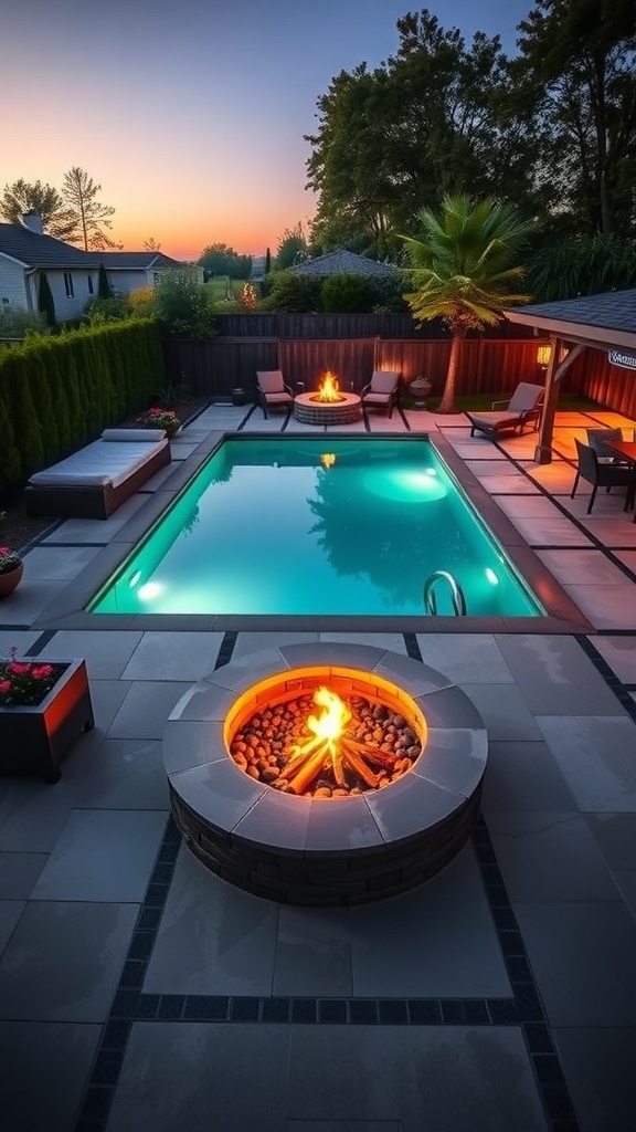 Backyard pool area with a fire pit, seating, and greenery