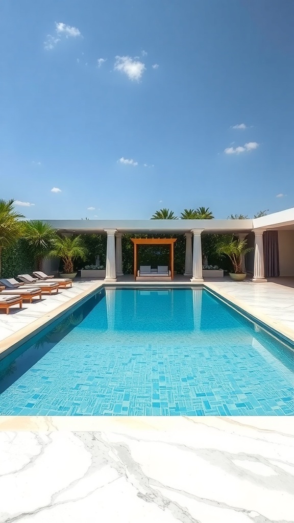 A luxurious swimming pool surrounded by marble, with sun loungers and a gazebo.