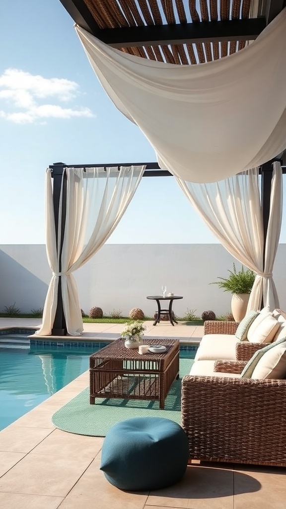 A stylish poolside cabana with flowing curtains, wicker furniture, and a cozy atmosphere.