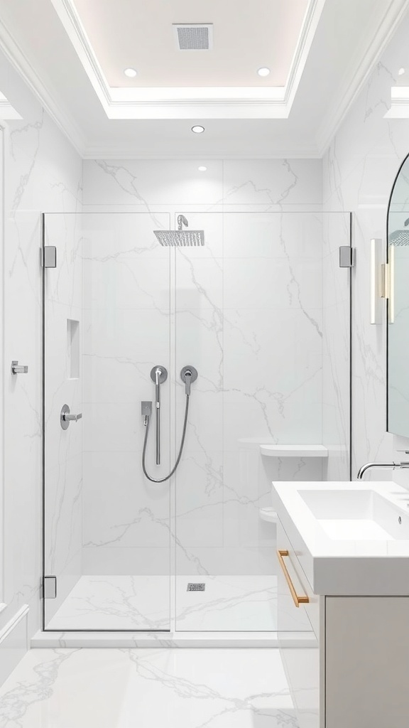 A modern bathroom featuring a rain shower with glass doors and marble walls.