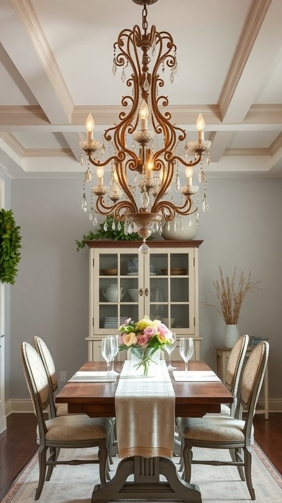 A Rococo-inspired chandelier hanging over a dining table with floral centerpiece.