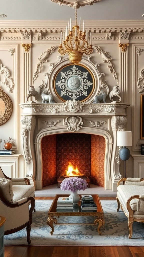 A Rococo style fireplace with intricate details, surrounded by elegant seating and a floral arrangement.