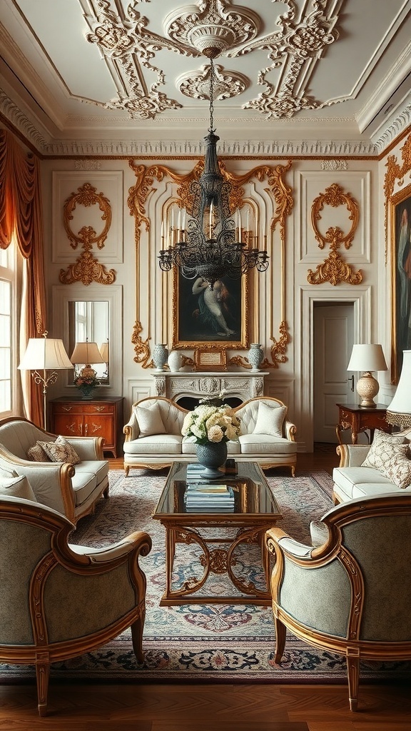 A beautifully decorated Rococo style living room featuring elegant furniture, intricate ceiling designs, and a stunning chandelier.