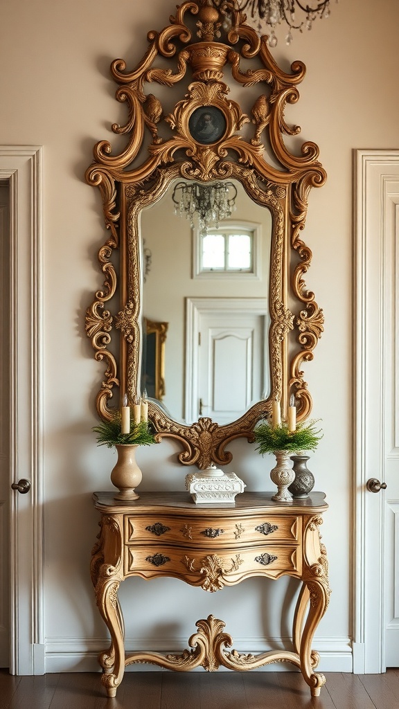 An ornate Rococo mirror above a vintage-style console table with candles and decorative items.
