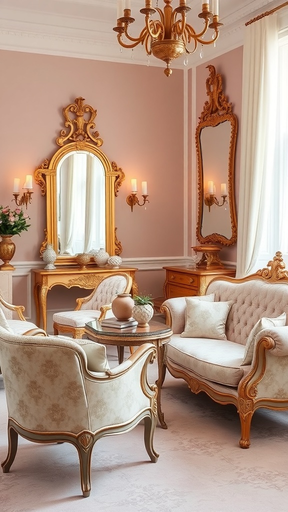 A beautifully decorated Rococo style living room with elegant upholstery and vintage furniture.