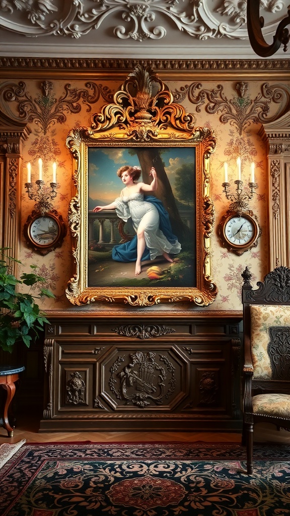 An elegant Rococo wall art piece framed in gold, depicting a graceful figure in a vintage French-inspired interior.