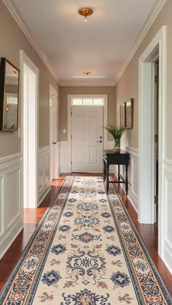 A hallway with a decorative runner rug, featuring floral patterns, wooden floors, and neutral walls.