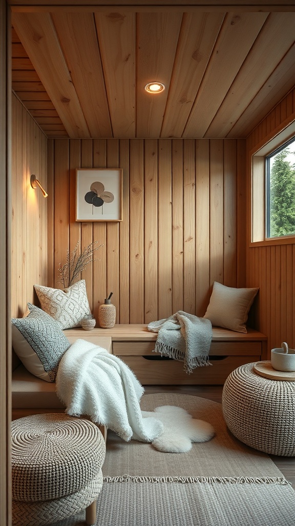 Cozy sauna interior with wooden walls, soft textiles, and inviting decor.