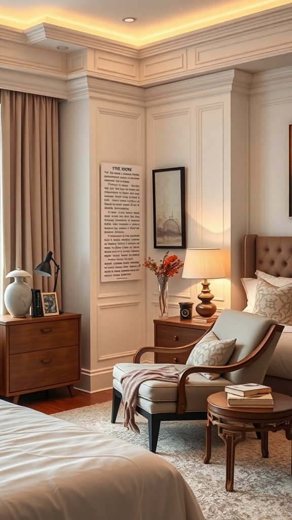 A cozy bedroom featuring a stylish armchair, side table, and warm lighting.