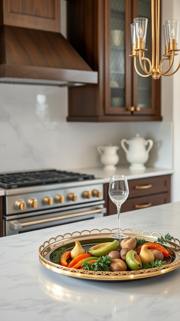 A stylish kitchen countertop featuring a decorative serving platter with fruits and a glass.