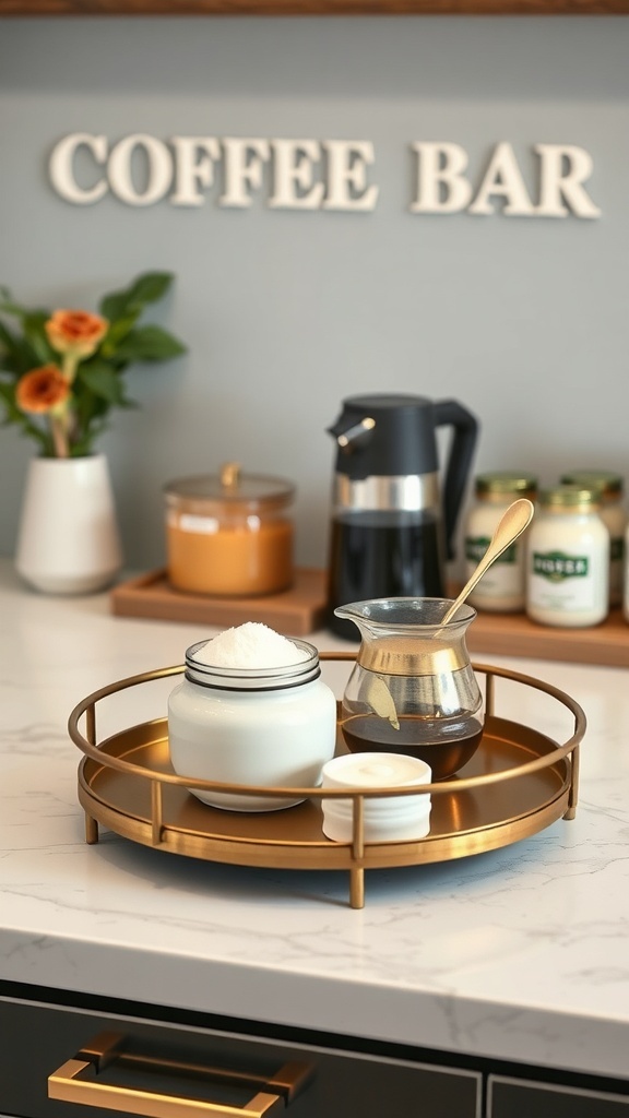 A gold serving tray with coffee essentials including sugar, creamer, and coffee pot on a marble countertop.