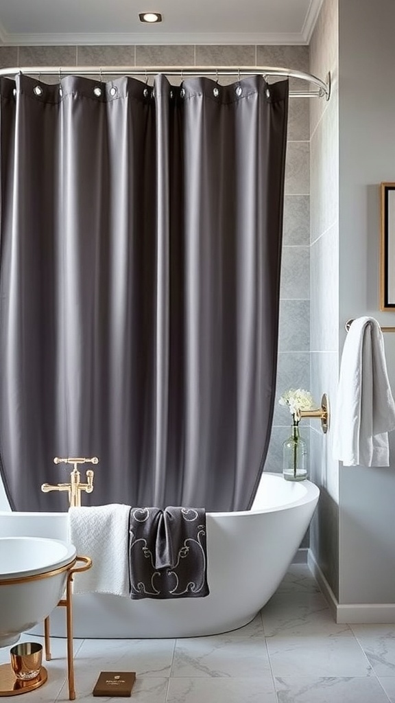 A stylish bathroom featuring a white shower curtain, vintage bathtub, and modern fixtures.