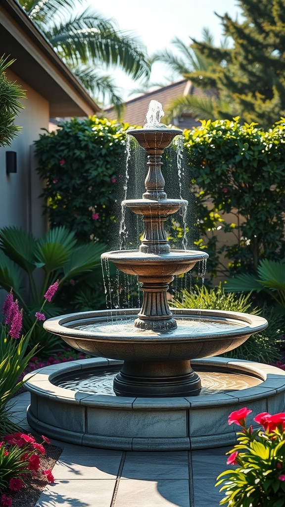 A solar-powered fountain with multiple tiers, surrounded by flowers and greenery.
