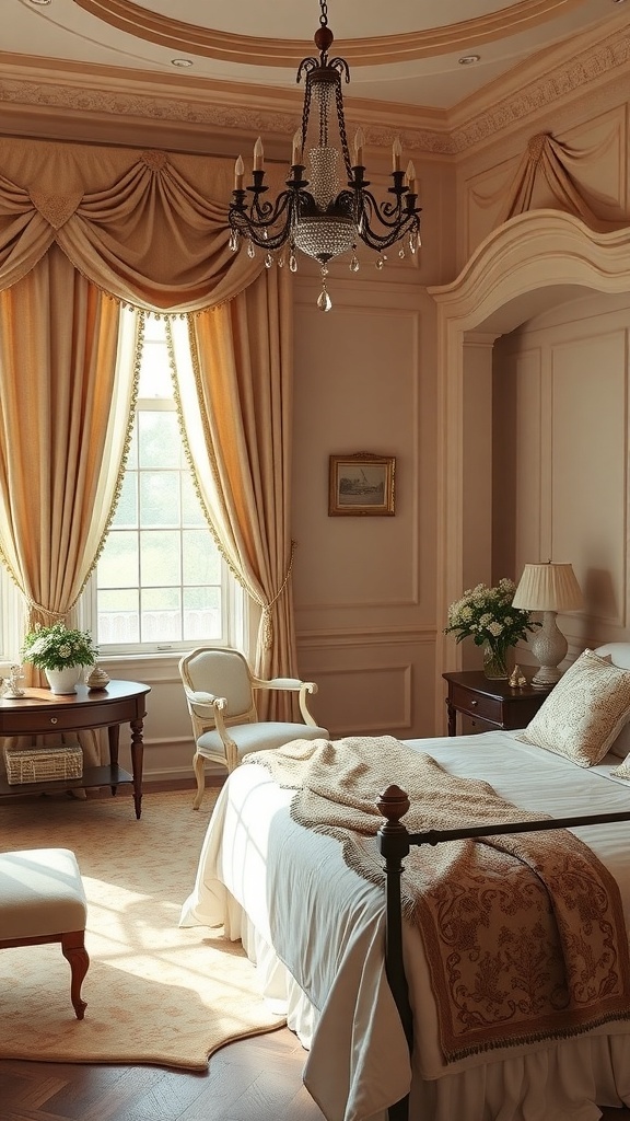 A beautifully decorated Southern style bedroom featuring soft colors, elegant curtains, and a chandelier.