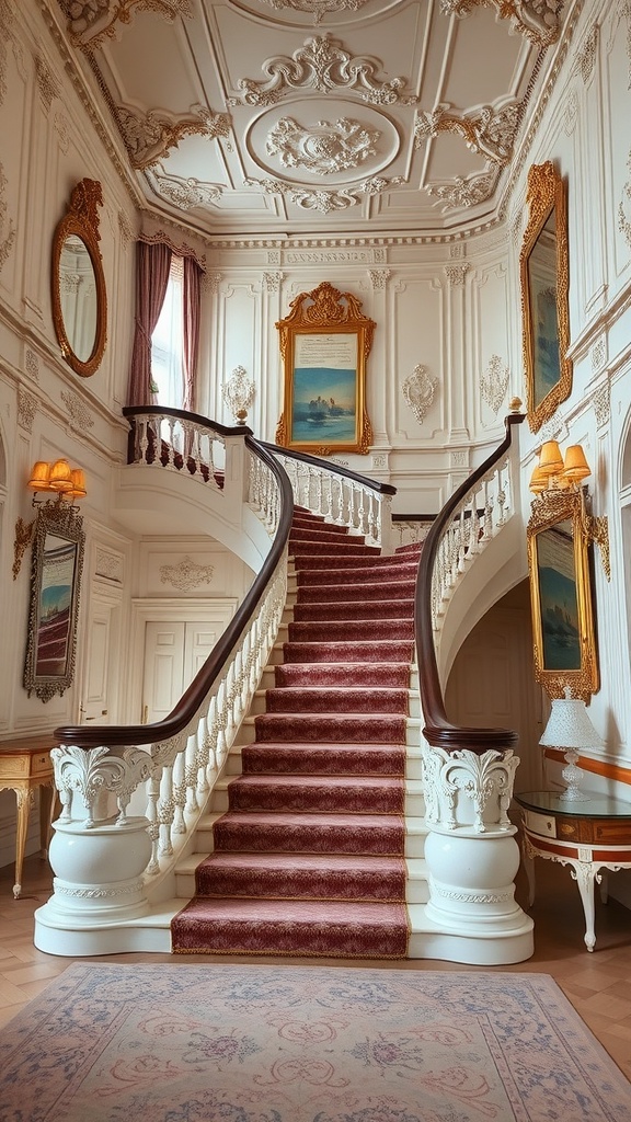 A stunning Rococo staircase with ornate details and plush carpeting.