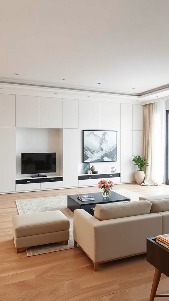 A minimalist living room featuring built-in storage, a coffee table, and plants, showcasing Japandi design.