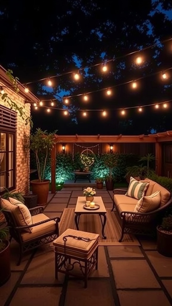 A cozy patio with string lights overhead, featuring comfortable seating and potted plants.