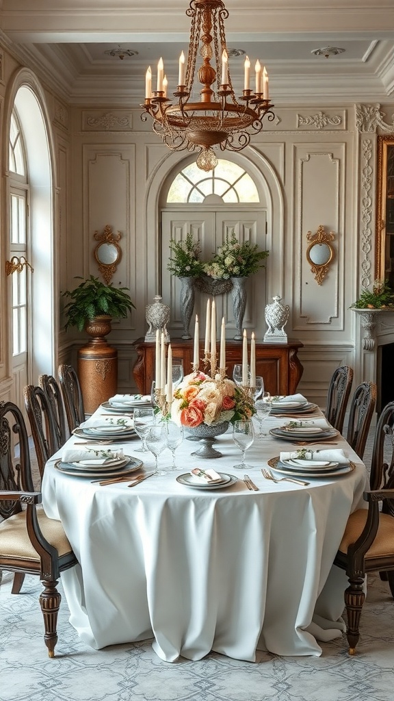 Elegant dining table with floral centerpiece and candles in a stylish room